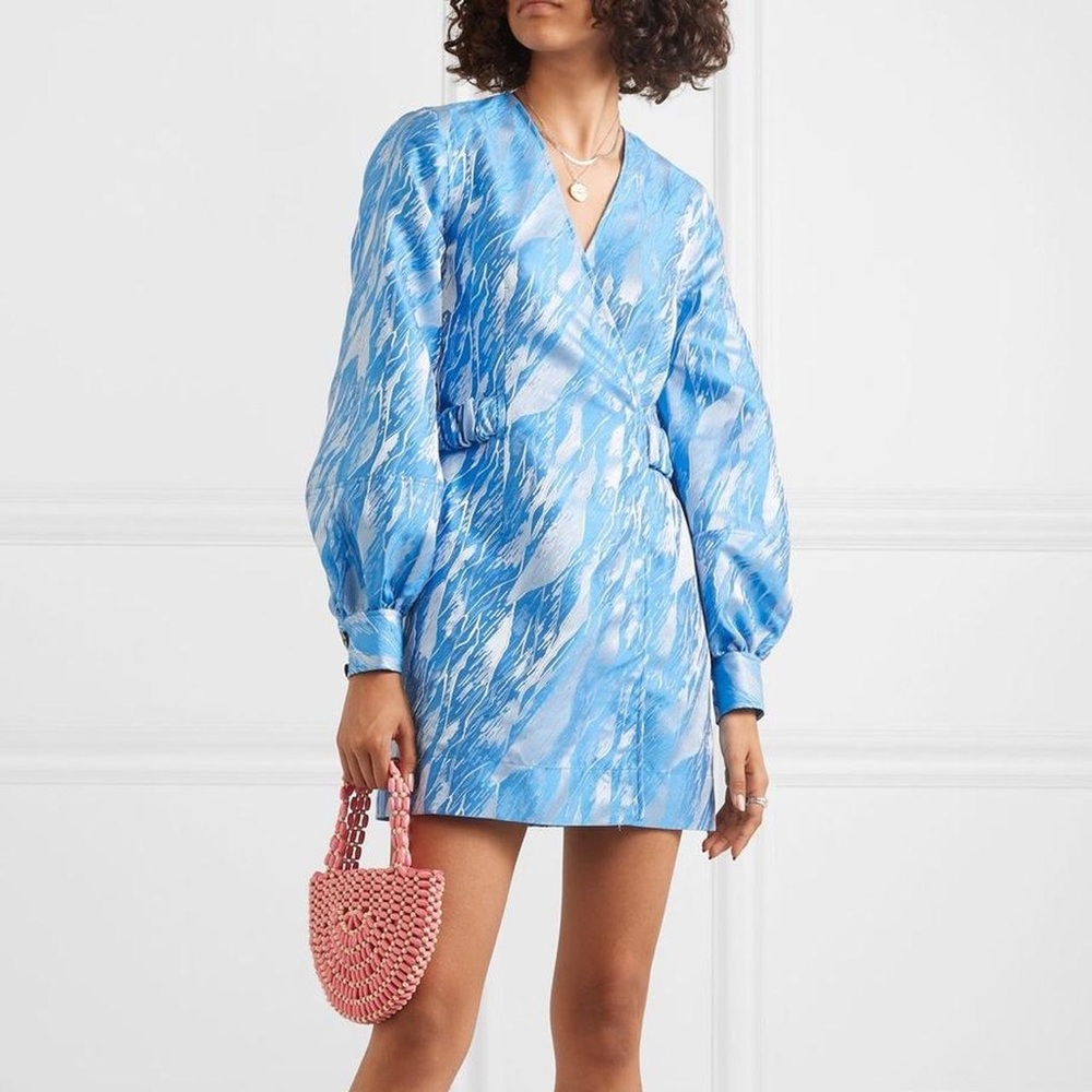 GANNI metallic blue jacquard NWT wrap mini party dress 40 (M-L)